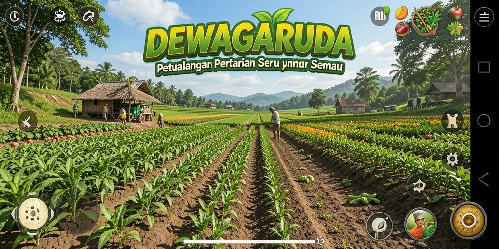 Tampilan gameplay seru DEWAGARUDA saat merawat ladang dan hewan.