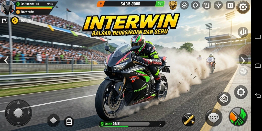 Screenshot INTERWIN menampilkan aksi balapan motor yang mendebarkan di lintasan.