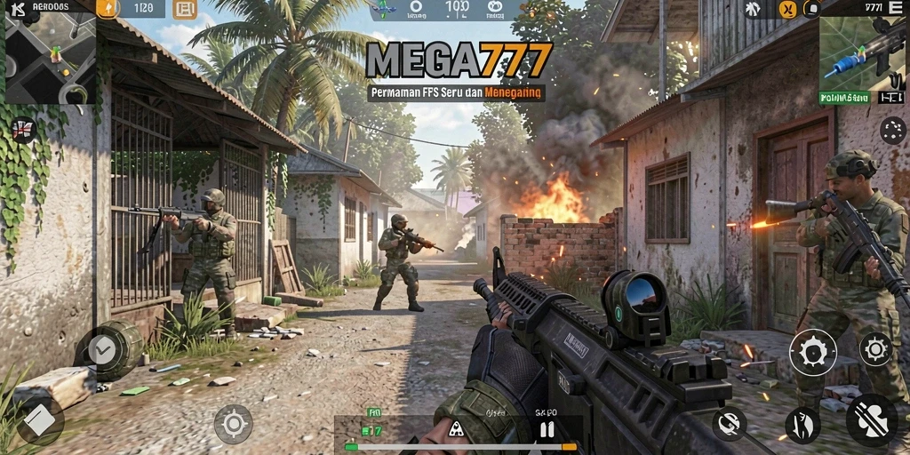 Tampilan aksi intens dalam gameplay FPS MEGA777.
