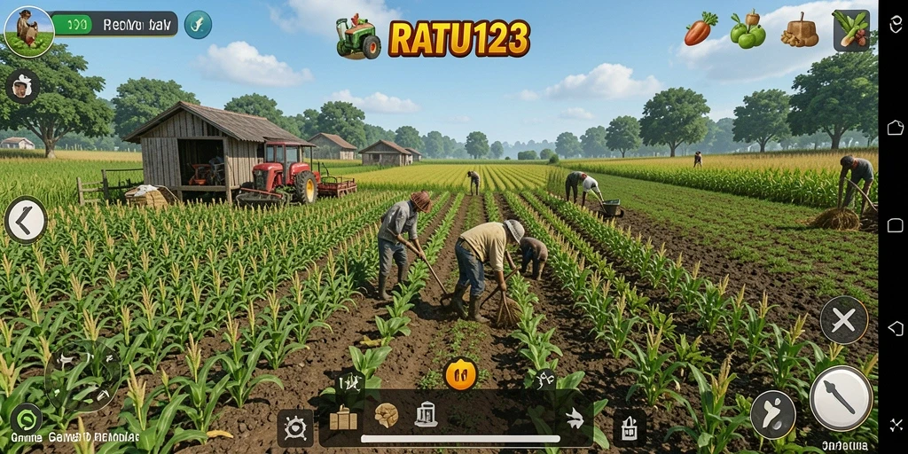 Screenshot gameplay menunjukkan aktivitas bertani yang seru dan interaksi di ladang.