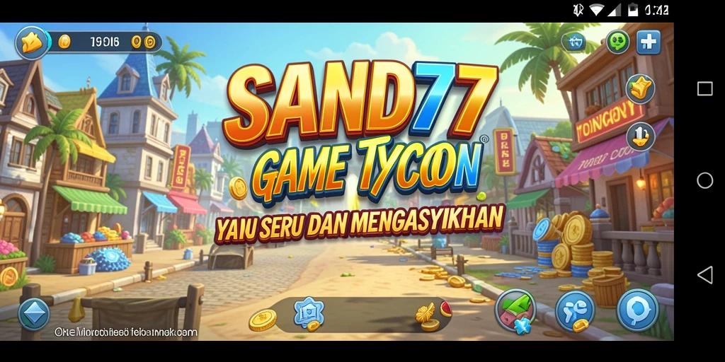 Tampilan gameplay SAND77 dengan interaksi dan manajemen bisnis yang menarik.