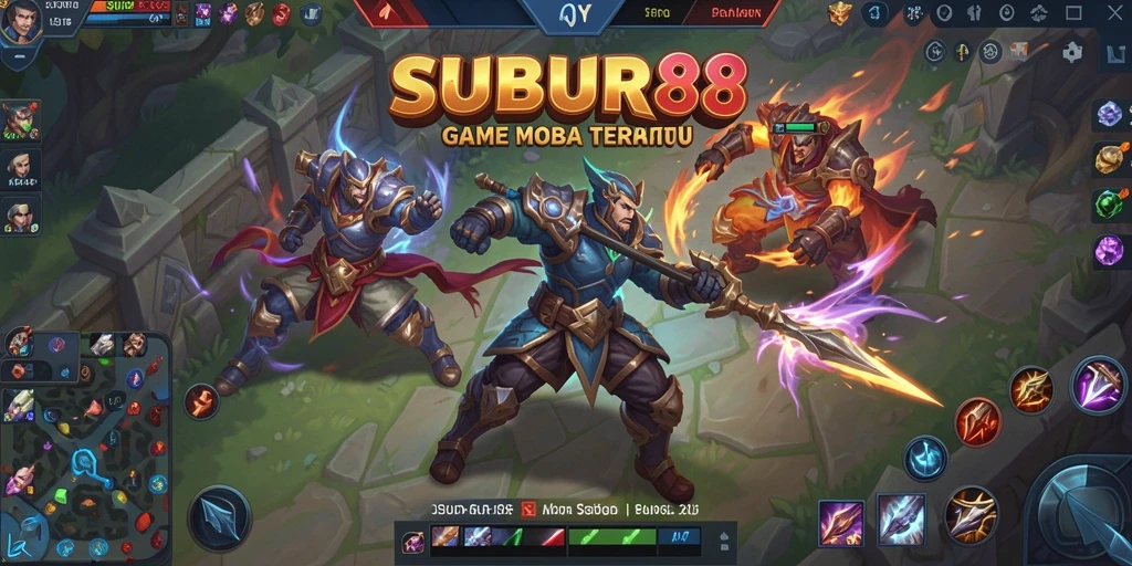 Tampilan seru gameplay SUBUR88 dalam pertempuran MOBA.