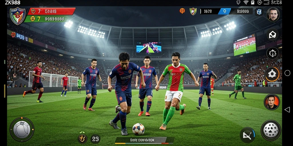 Screenshot gameplay ZK988 menampilkan aksi seru pertandingan sepak bola.